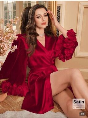 NWT Satin Red Ruffle-Sleeve Wrap Robe